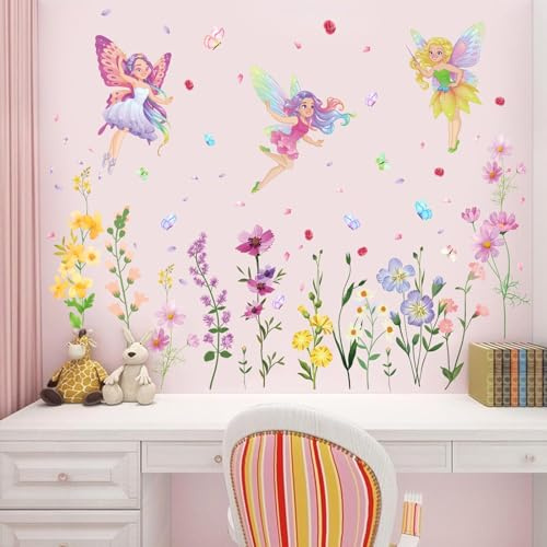 KAIRNE Blume Wandtattoo Fee,Wandtattoo Kinderzimmer Mädchen,Schmetterlinge Wandsticker,Prinzessin Elfen Kinder Wandaufkleber,Pflanze Rose Blume Wandsticker Mädchen Schlafzimmer