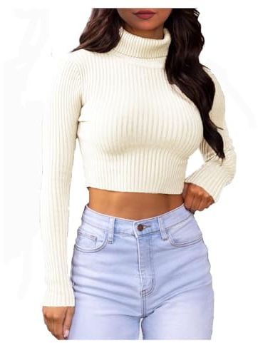GOSTYLES® Womens Ribbed Polo Roll Neck Crop Top – Ladies Soft Knitted Mock Turtle Neck Long Sleeve Jumper Stretch Cropped Sweater Top (Cream, 8-10)