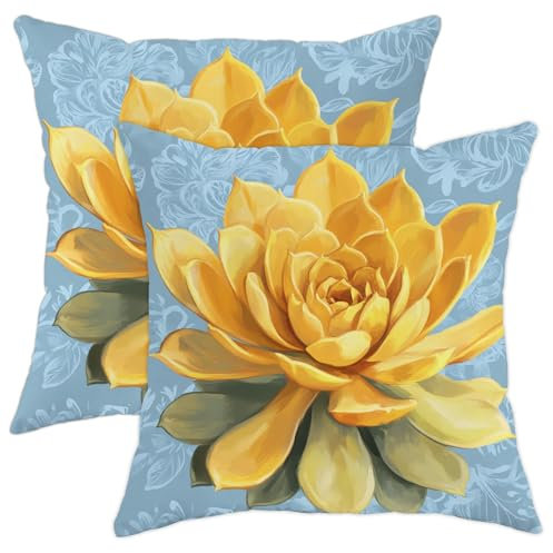 Juego de 2 fundas de almohada de flores de lirio de agua amarillas, fundas de cojín decorativas brillantes, decoración floral de primavera para sofá para sala de estar y dormitorio, 20 x 20 pulgadas