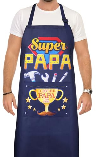 DPKOW Lustige Männer Geschenk Super Papa Grillschürze Vatertagsgeschenk, Kochschürze Herren Geschenk Papa Geburtstagsgeschenk, Einstellbarer Schürze mit Tasche, Wasserdicht, BESTER PAPA DER WELT