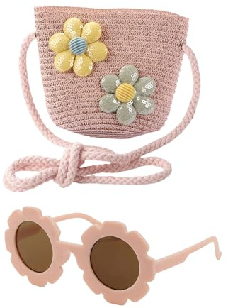 AWAVM Girls Crossbody Bag Set - Cute Toddler Handbag With Flower Sunglasses, Adjustable Braided Purse For Childen(Pink/Beige, 12x14cm) (pink)
