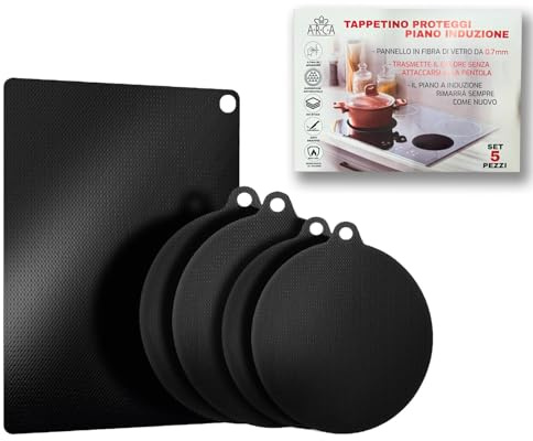 ARCA, Set 5 Tappetini Protettivi per Piano a Induzione, Fibra di Vetro 0,70 mm, Antigraffio, Antiscivolo, No-Stick, Lavabili, Resistenti fino a 250°C