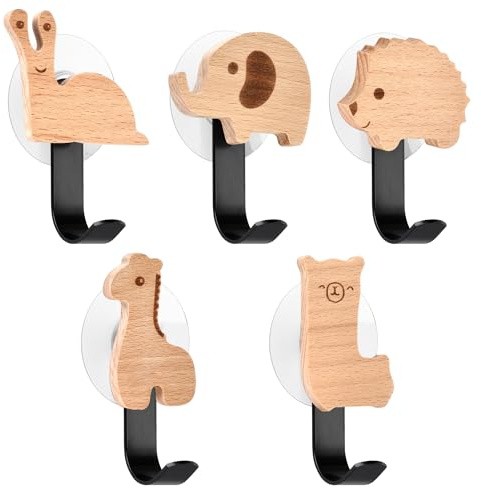 AHHALFFY Holz Kleiderhaken Kinder Selbstklebender Wandhaken in Tiere-Form Kindergarderobe Haken Garderobenhaken Kleiderhaken Wand Wandaufhänger Türhaken Möbelknöpfe Holzgriffe (Waldtiere B)