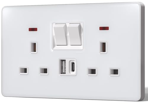 BSEED Double Socket with 20W USB-C Fast Charging,Glass Switched Wall Sockets,13A Electrical outlets with LED Indicator,Screws Included,1 Gang(20W),146mm White
