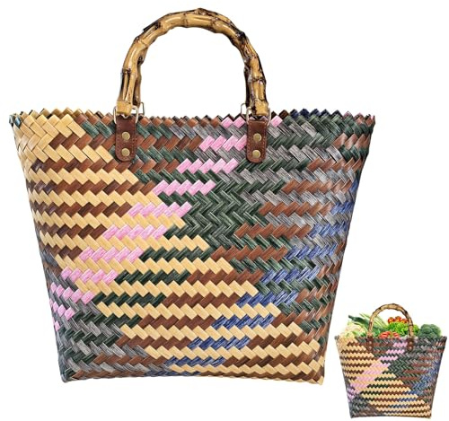 Tasche Korbtasche Strandtasche, Einkaufstasche Aus Rattan Imitat, Handtasche Damen Große, Gewebte Einkaufskorb, Retro Tragetasche mit Griffen, Shopper Umhängetasche für Damen und Herren