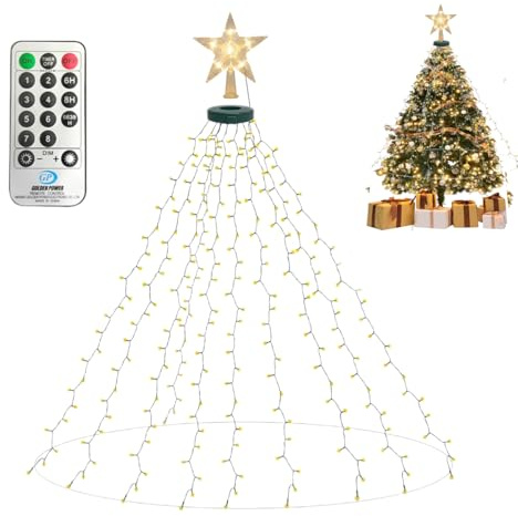 BeauFIvv Lichterkette Weihnachtsbaum Christbaumbeleuchtung Innen - Tannenbaum Lichterkette mit Sternspitze & Ring 200 LED 2M Weihnachtsbaum Beleuchtung, IP44 Wasserdicht, 8 Modi & Timer, Warmweiß
