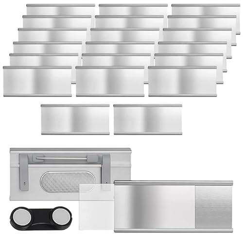 GOEDCH Lot de 20 badges nominatifs en aluminium : porte-nom magnétiques avec fente en papier et épingles de sûreté, étiquettes nominatives en aluminium avec solides pour le travail, l'exposition, le