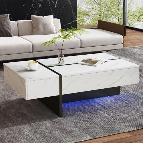 Merax Couchtisch Weiß mit LED-Lichtstreifen, Hochglanz-Oberfläche und 3 Schubladen – Moderner Sofatisch für Wohnzimmer, Teetisch, Kaffeetisch, Beistelltisch mit Marmor-Muster und App-Steuerung