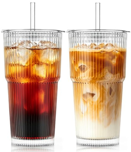 SoulTimes 600 ml Glasbecher mit Deckel und Strohhalm, Gerippte trinkbecher für Iced Coffee, Smoothies, Saft & Kaltgetränke, Elegantes Trinkgeschirr für Zuhause & unterwegs 【2er Set】