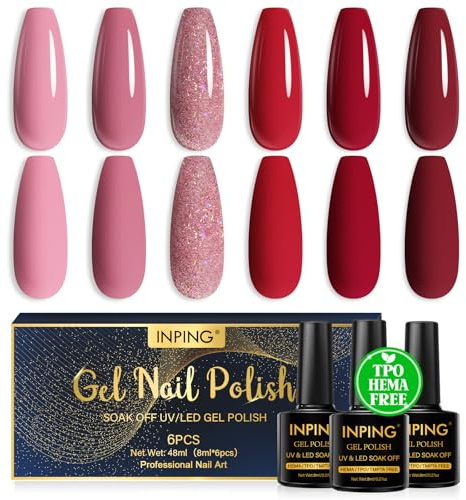 INPING UV Nagellack TPO-FREE Rosa Rot 6 Farben Gel Nägel 8ML | Rosa Glitzer Rot UV Lack Gelnägel, Natürlich Schönes Soak Off UV/LED Nail Polish Gellack für Frauen Nail Salon DIY