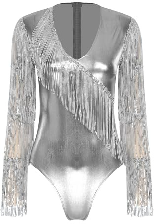 Vxuxlje Damen Metallic Body Glänzende Disco Outfit Langarm Gymnastikbody Wetlook Ballett Tanzkostüm Trikotanzug Einteiler Bodysuit Catsuit Sport Leotard