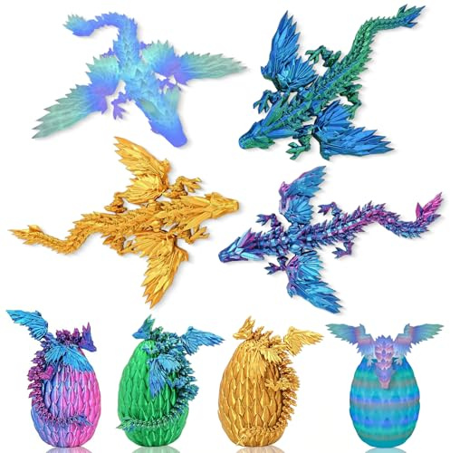 Wsndyjia 4Pack 3D Printed Dragon Eggs, 4 Colour Dragon Egg with Dragons Inside, Flexible Articulated Fidget Animals Toys Set for Adults Easter Basket Stuffers Christmas Ornaments Home Decor