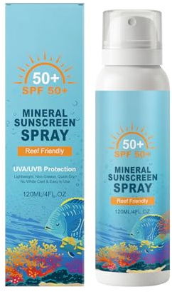 Solspray SPF 50, mineral UVA/UVB skydd, solskydd, lätt textur och vattentät solkräm för ansiktskropp, solkräm spray för alla hudtyper, 120 ml (1 st.)