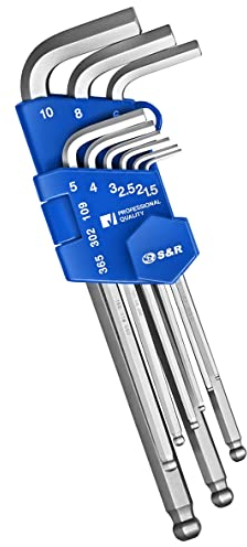 S&R Innensechskantschlüssel Satz HX mit Kugelkopf, 9-tlg 1,27 bis 10 mm, kurz/lang, gehärtet, in Kunststoffclip (2 LANG, 9-tlg.)