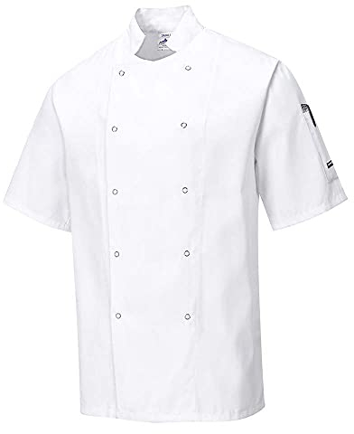 Portwest C733 Men's Cumbria Chef Jacket Lightweight Short Sleeve Durable Workwear Multi Functional Apron with Sleeve Pocket Machine Washable, White, S
