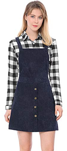 Allegra K Women's Corduroy Button Front A-Line Bib Overall Pinafore Dress Blue XL