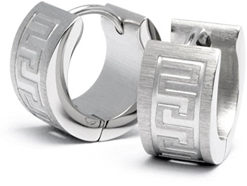 Schmuck-Checker Edelstahl Herren Ohrringe Klapp-Creolen Silber Gebürstet Matt Mäander Muster Gravur 13mm Ø Männerschmuck Geschenk