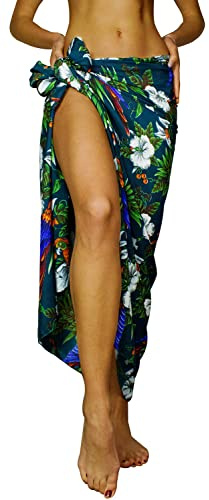 King Kameha Hawaii sarong pareo strand linda dam funky casual bikini cover up strandklänning baddräkt körsbärsblommor papegojor tryck, Sarong körsbärspapegoja petrol stor, L