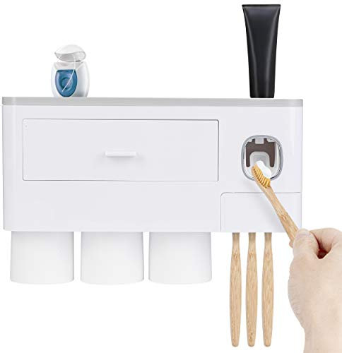 ONVAYA® Zahnbürstenhalter mit automatischem Zahnpastaspender | Selbstklebende Zahnbürstenhalterung ohne Bohren | Set mit Bechern (3 Becher)