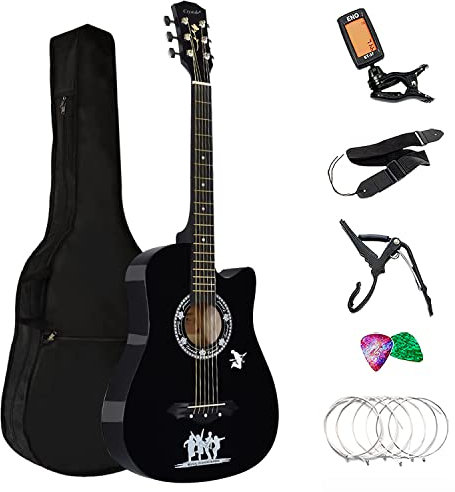 4/4 Size 38 Classic 6 Strings Acoustic Guitar Full Package Pack with Accessories (Black)