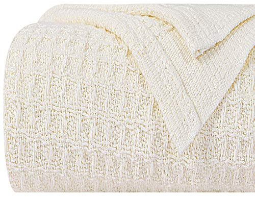 PiccoCasa Sommerdecke Baumwolle Tagesdecke Kuscheldecke Strick 100% Baumwolldecke Strickdecke Weich & Leicht als Wohndecke Wendedecke Sofadecke für Doppelbett Sofa usw Creme 230x230cm
