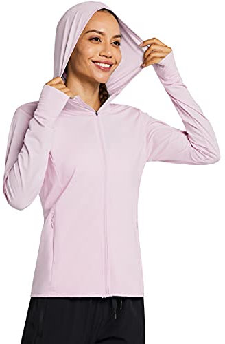 MASKERT Damen UV Shirt Sonnenschutz Hoodie Laufshirt Langarm Full Zip Funktionsshirt Wandershirts Sportshirt Running mit Taschen Outdoor Jacke UPF 50+, Hellrosa L