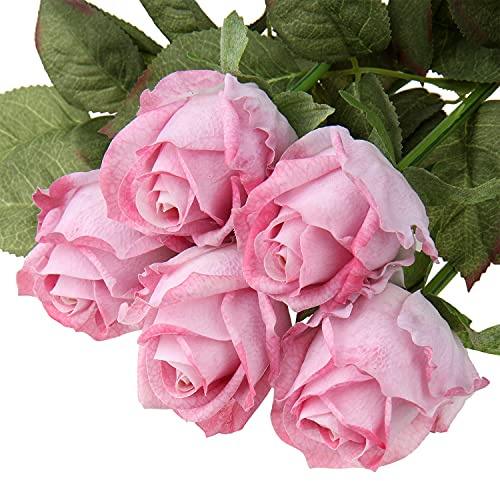 Artificial Realistic Roses Pink Flowers 24 Real Touch Silk Roses Bouquet Long Stems Rose Fake Roses Decor for Home Party Wedding Table Centerpieces Roses Realistic - 5 Pcs