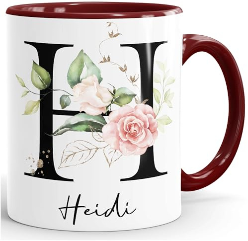 SpecialMe® Kaffee-Tasse mit Buchstabe Initiale Monogramm personalisiert mit Namen Rosen-Motiv persönliche Geschenke Bordeauxrot Keramik-Tasse