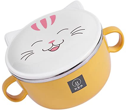 BESTonZON Instant Nudelschalen mit Deckel Cartoon Katze Nudelschale Japanische Ramen Bowl Edelstahl Suppe Schüssel Getreideschüssel Pasta Schüssel Für Weihnachten Party Gelb