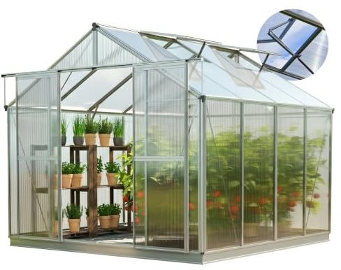GFP Serra Topas 4 telaio in alluminio 225 x 259 cm, lastre a doppia parete di 8 mm, con apri-finestra automatico e telaio di fondazione
