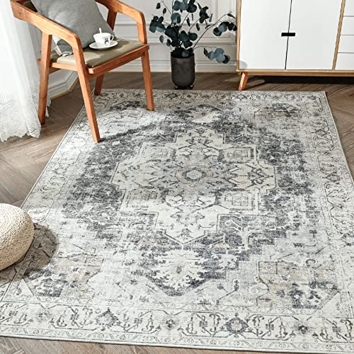 TOPICK Teppich 90x150cm Grau Floral Faltbar Waschbar Superdünne Vintage Blumenteppich Kurzflor Orientalischer Küchenteppich für Innenbereich Schlafzimmer Wohnzimmer Esszimmer Büro Flur