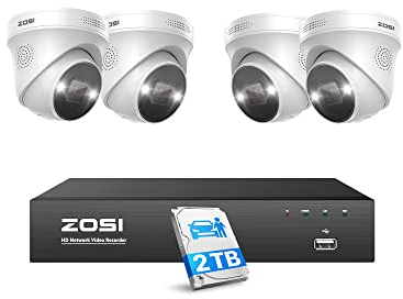 ZOSI 4K Kit de Cámara de Vigilancia Seguridad PoE 8CH 8MP Grabador NVR con 2TB HDD y 4pcs 5MP Cámara IP Exterior, Visión Nocturna en Color, Detección de Personas y Vehículos, Audio
