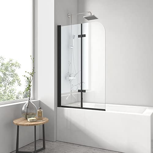 EMKE Pare-baignoire rabattable 100 x 140 cm, 2 volets pivotants, 6mm verre de sécurité, 180° balançoire, Cadre Noir de style industriel, nano-revêtement