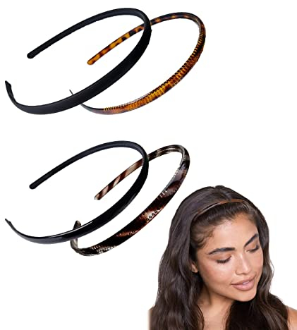 4 Dünne Kunststoff Stirnbänder mit Zähnen - Weiche Stirnbänder Plain DIY Haarbänder - Kopfbedeckungen für Damen, Männer & Mädchen, 4 Farben