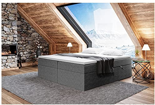 MEBLINI Boxspringbett mit Bettkasten - 180x200 - Gepolstert Doppelbett mit Matratze und Topper - Polsterbett mit Stauraum - Bett ohne Kopfteil - Stauraumbett - Lionel - H4/Dunkelgrau Webstoff