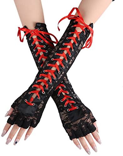 Wambere Gants en dentelle sans doigts Gants coude dentelle Gants en satin noir Gants de mariée noirs,Gants en dentelle longue pour dames pour mariage Soirée,Rouge