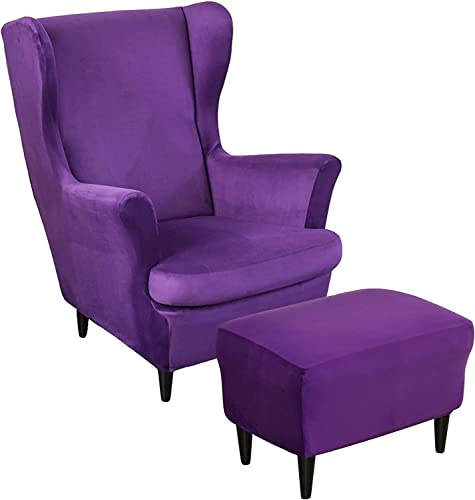 Velvet Wingback Chair Slipcover och Footstool Cover Stretch 2 Pieces Wing Chair Cover Set Ottoman Slipcover och 1 Piece Rectangle Storage Stool Cover Fåtöljöverdrag med elastisk botten (Color : #13)
