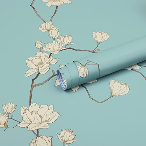 Fiula Papier peint autocollant à décoller et à coller - Papier peint floral bleu beige - 44 cm x 3 m - En vinyle de style pastoral - Dos adhésif - Imperméable - Pour mur, meubles, salon, chambre à