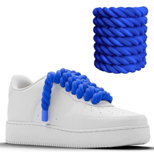 Chunky Laces - Cordones de cuerda de algodón azul rey de 14 mm con puntas azules, 160 cm de longitud, compatible con Air Force 1, cordón de macramé, cuerda gruesa azul real, cordones para zapatos AF,