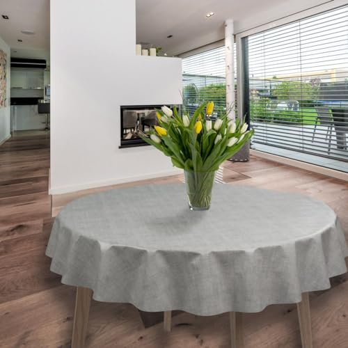 laro Rund 140 cm Wachstuchtischdecke Tischdecke Abwaschbar PVC Leinenoptik Grau Rund 140cm, Muster:Leinenoptik Grau, Größe: Rund 140cm
