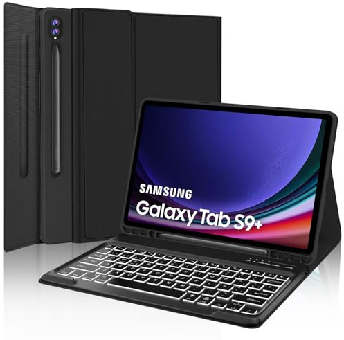 Funda Teclado para Samsung Galaxy Tab S9 Fe Plus/S9 FE+/S9+/S10 Plus 12.4 | Capa Keyboard Retroiluminación en 7 Colores, QWERTY Español Ñ, Bluetooth Magnético Desmontable con Portalápices, Negro