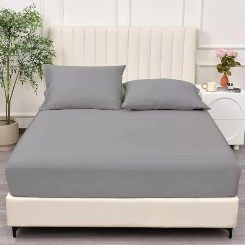 Grey Queen Size Fitted Sheets, Egyptian Cotton Fitted Sheets, Jersey Fitted Sheet, Easy Care, Microfibre, Super Soft Cozy and Breathable Deep Fitted Queen Bed Sheet (190cm X 160cm, Grey)
