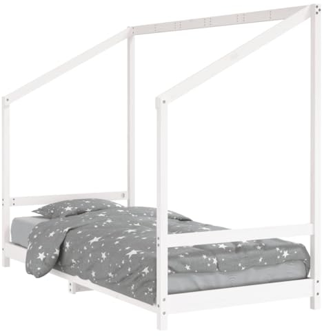 vidaXL Kinderbett, Kinder Bettgestell mit Sperrholzlatten, Hausbett für Kleinkinder ab 4 Jahren, Einzelbett Kinder Jugendbett Holzbett, Weiß 90x200 cm Massivholz Kiefer