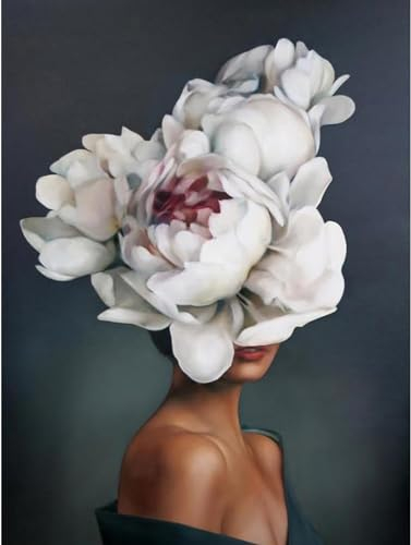 YUCCAORCHID Malen Nach Zahlen Erwachsene Landschafts Faltenfreie Leinwand mit Pinseln Acrylpigment DIY Ölgemälde Leinwand Set 40 × 50 cm（Rahmenlos-Weiße Pfingstrose Girl