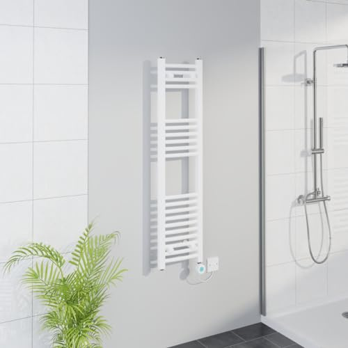 Warmehaus WiFi Electric Curved Heated Towel Rail Timer 1200x300mm White | Thermostatic, Smart LCD Display, Child Lock, T Piece, Prefilled, Electric Heated Towel Rail Warmer, Mild Steel