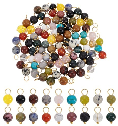 PH PandaHall 108 Stück 18 Farben Edelstein Anhänger Link Charms 6mm Steinperlen Anhänger Rund Glatte Perlen Lose Perlen Mit Goldener Schlaufe Für DIY Baumelnde Ohrringe Halsketten Armbänder