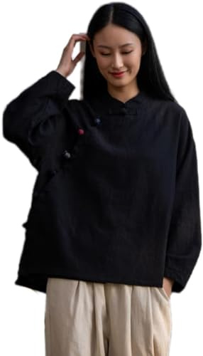 Blusa china de ramio para mujer, camisa de algodón y lino, camisa Hanfu de verano, ropa tradicional, traje de meditación con manga larga, túnica retro, traje de meditación, Negro, M