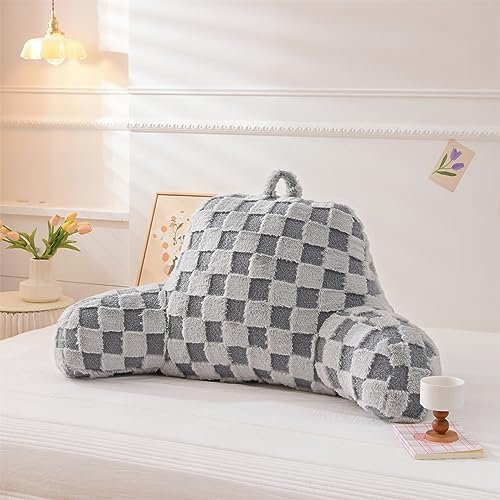 Aimuan Kariertes Lesekissen, Bettruhe, Keil-Rückenlehne, Schachbrettkissen mit Armen, Rückenstütze zum Sitzen im Bett, Kissen Neigung, Schlafen, Schnarchen, Kissen (Grau, Standard)