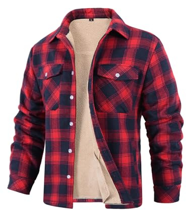 CMTOP Hemdjacke Herren Winterjacke Hemd Gefüttert Hemdjacke Thermo Karierts Freizeithemd mit Multi Taschen Baumwolle Warme Holzfällerhemd(Blau-Rot,XL)