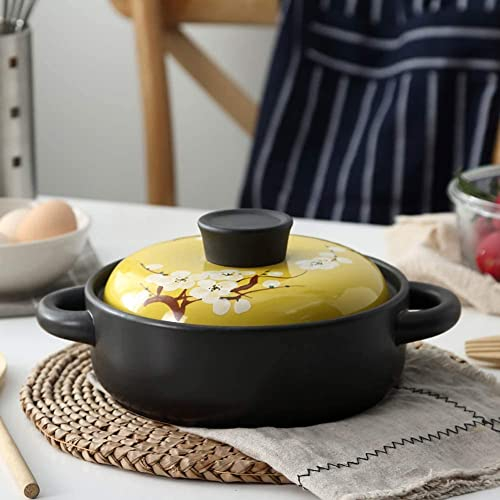 WEYFH Olla De Barro Antiadherente, Cazuela Recubierta De Cerámica Resistente Al Calor con Tapa Y Mango De Esmalte De Colores Amarillo 1 (Amarillo 1,5 L)